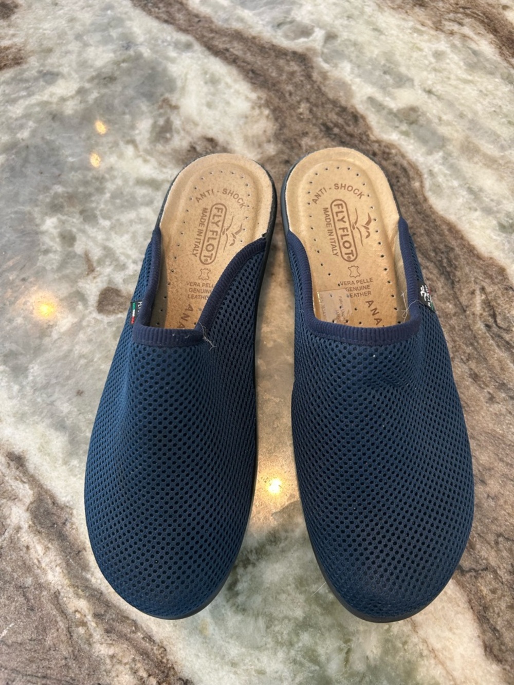 Fly Flot Navy Mesh Slip-On Clogs mules  for Women size 9 have wear GUC